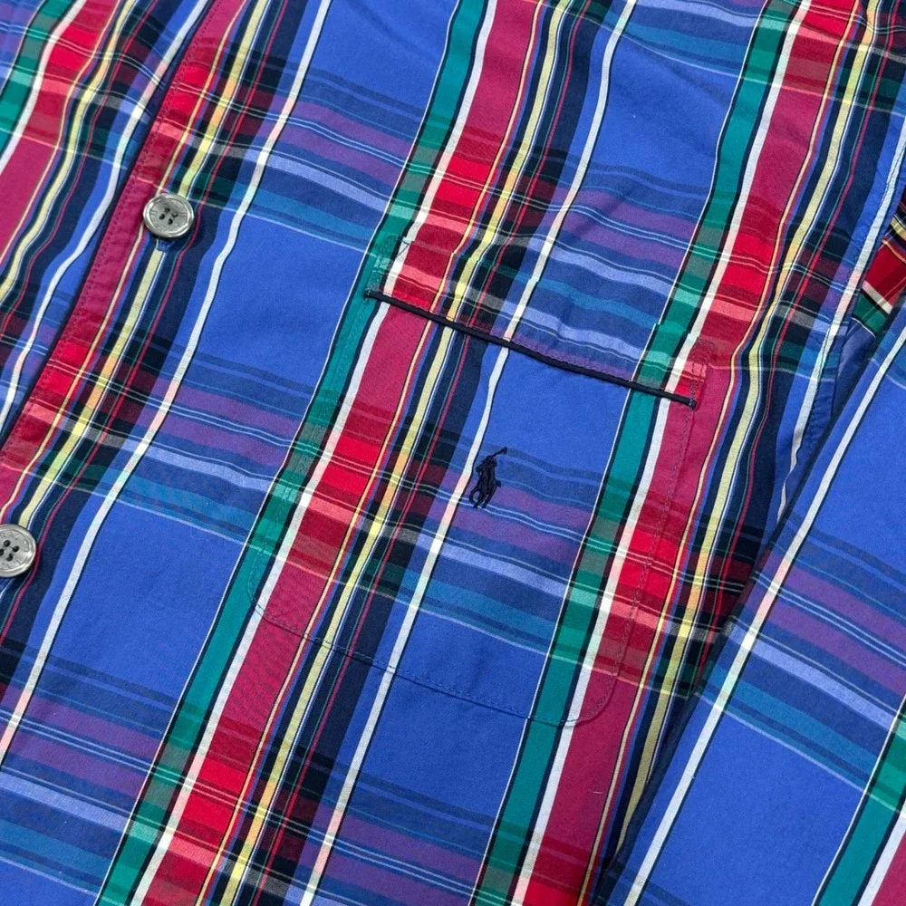 Polo Ralph Lauren Sleep Top Mens Medium Blue Plaid Button Front Cotton Pajama